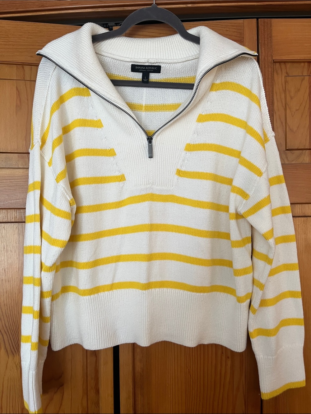 Banana Republic Cream Sweater with Yellow Stripes and Quarter-Zip Collar